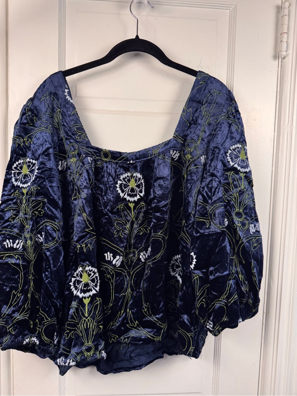 Anthropologie Navy Velvet Embroidered Peasant Blouse - Picture 2 of 5